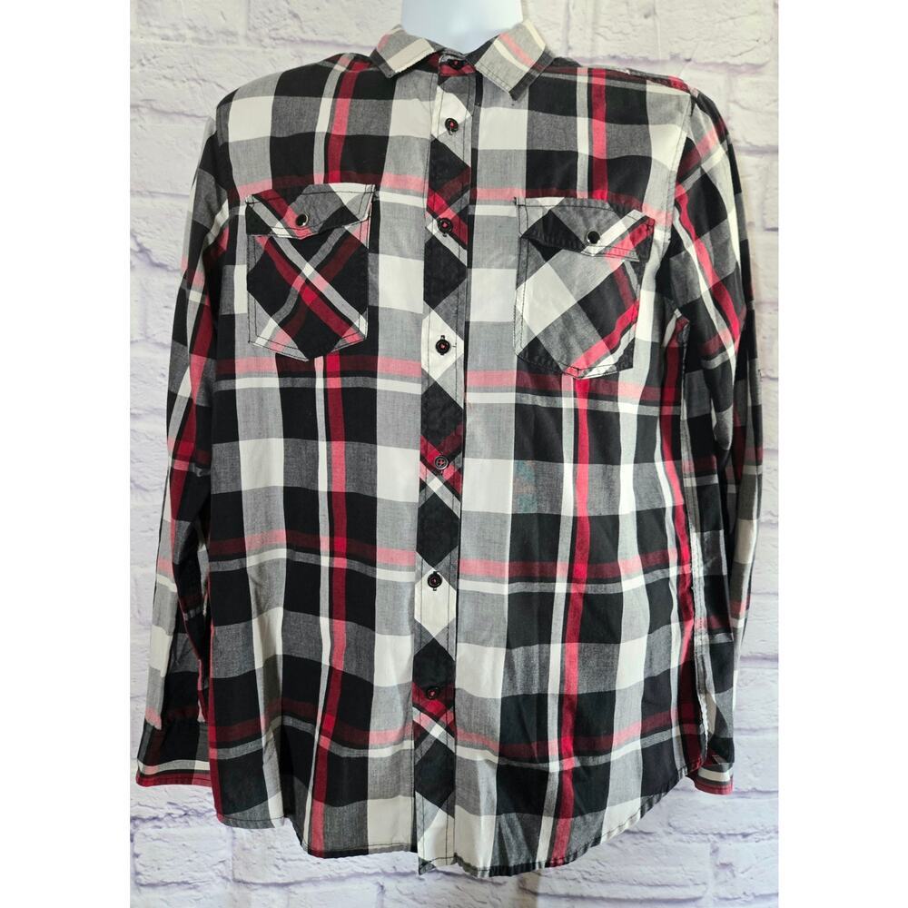 Eighty Eight Red Black White Plaid Roll Tab Sleeves Button Up Men's Shirt Medium